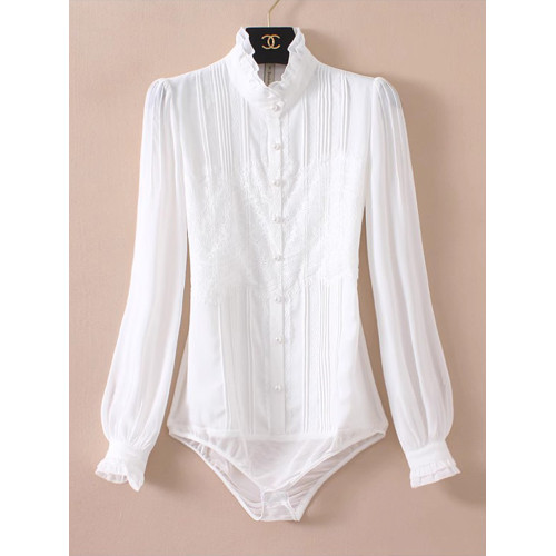 優雅名媛高級飄逸雪紡襯衫女蕾絲花邊木耳領小衆連體襯衣白色新款