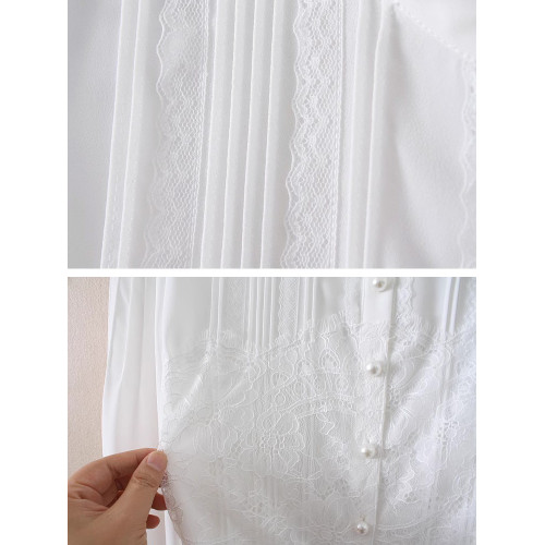 優雅名媛高級飄逸雪紡襯衫女蕾絲花邊木耳領小衆連體襯衣白色新款