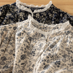 文藝森系蕾絲花邊立領長袖襯衫女2025秋冬新款復古磨毛印花上衣