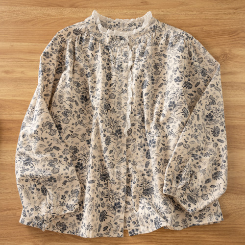 文藝森系蕾絲花邊立領長袖襯衫女2025秋冬新款復古磨毛印花上衣