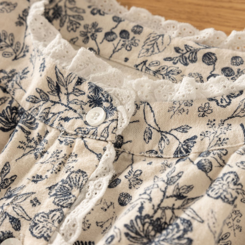 文藝森系蕾絲花邊立領長袖襯衫女2025秋冬新款復古磨毛印花上衣