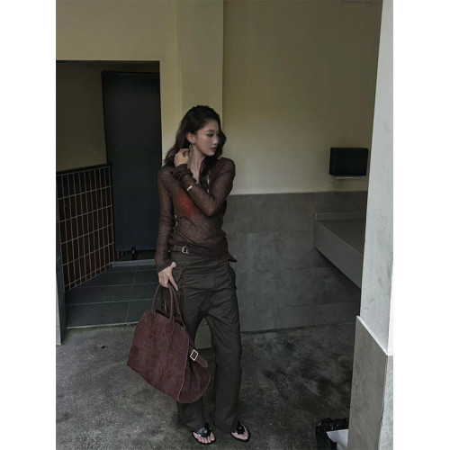 Turn right/陳大腿 設計霧感深V領長袖針織衫女夏微透別致T恤上衣