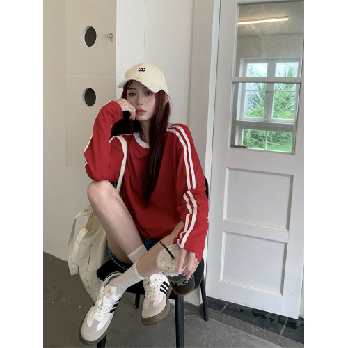 港風寬鬆百搭薄款撞色長袖防曬T恤女夏季杠條寬鬆休閒中長款上衣