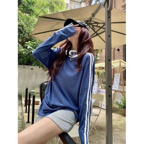 港風寬鬆百搭薄款撞色長袖防曬T恤女夏季杠條寬鬆休閒中長款上衣