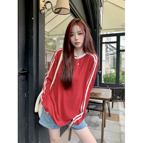 港風寬鬆百搭薄款撞色長袖防曬T恤女夏季杠條寬鬆休閒中長款上衣