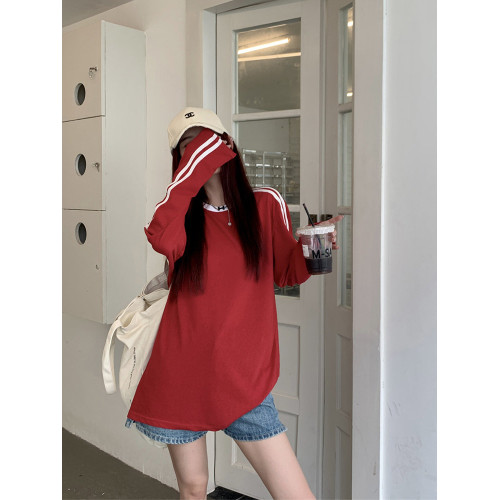 港風寬鬆百搭薄款撞色長袖防曬T恤女夏季杠條寬鬆休閒中長款上衣