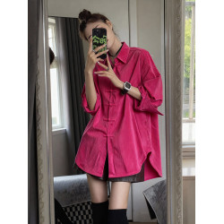 寬鬆大版玫紅色盤釦燈芯絨襯衫年輕版新中式上衣國風漢服唐裝襯衣