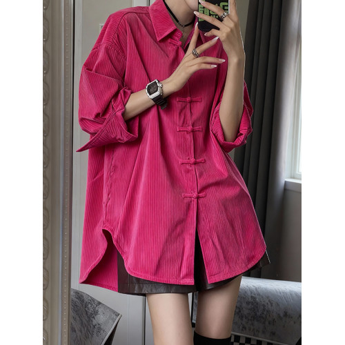 寬鬆大版玫紅色盤釦燈芯絨襯衫年輕版新中式上衣國風漢服唐裝襯衣