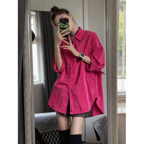 寬鬆大版玫紅色盤釦燈芯絨襯衫年輕版新中式上衣國風漢服唐裝襯衣