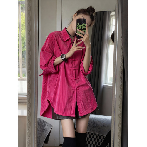 寬鬆大版玫紅色盤釦燈芯絨襯衫年輕版新中式上衣國風漢服唐裝襯衣