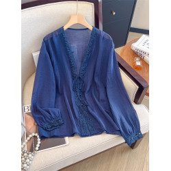 法式蕾絲鏤空刺綉V領防曬外套女2025夏大碼胖mm外搭開衫雪紡上衣