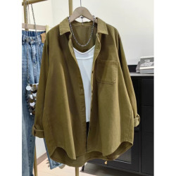 米白色全棉加厚襯衫女春秋韓版休閒寬鬆慵懶風上衣中長款工裝外套