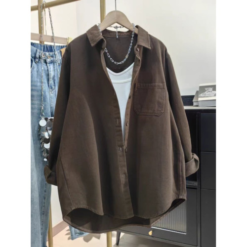 米白色全棉加厚襯衫女春秋韓版休閒寬鬆慵懶風上衣中長款工裝外套