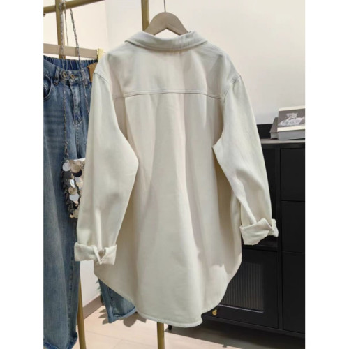 米白色全棉加厚襯衫女春秋韓版休閒寬鬆慵懶風上衣中長款工裝外套