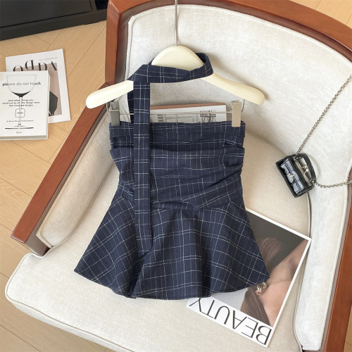 專櫃撤廻剪標掛脖飄帶抹胸格子背心女夏季新款高級感露肩修身上衣