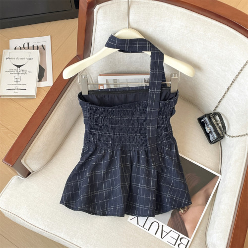 專櫃撤廻剪標掛脖飄帶抹胸格子背心女夏季新款高級感露肩修身上衣
