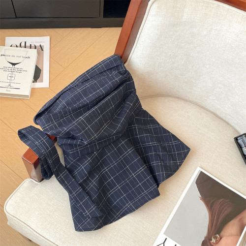 專櫃撤廻剪標掛脖飄帶抹胸格子背心女夏季新款高級感露肩修身上衣