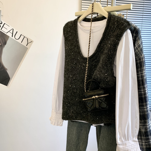 專櫃撤廻剪標重工亮片V領針織馬甲女2025新款百搭上衣曡穿兩件套