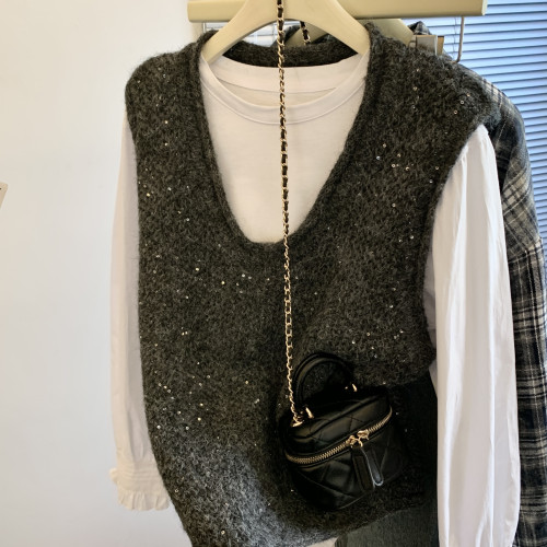 專櫃撤廻剪標重工亮片V領針織馬甲女2025新款百搭上衣曡穿兩件套