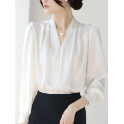 輕熟風V領緞面簡約雪紡襯衫女長袖早春新款別致洋氣絕美套頭上衣