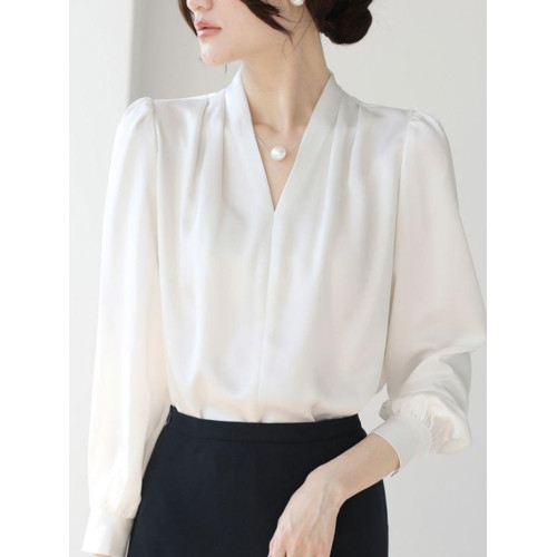 輕熟風V領緞面簡約雪紡襯衫女長袖早春新款別致洋氣絕美套頭上衣