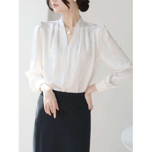 輕熟風V領緞面簡約雪紡襯衫女長袖早春新款別致洋氣絕美套頭上衣