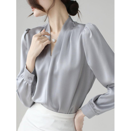 輕熟風V領緞面簡約雪紡襯衫女長袖早春新款別致洋氣絕美套頭上衣