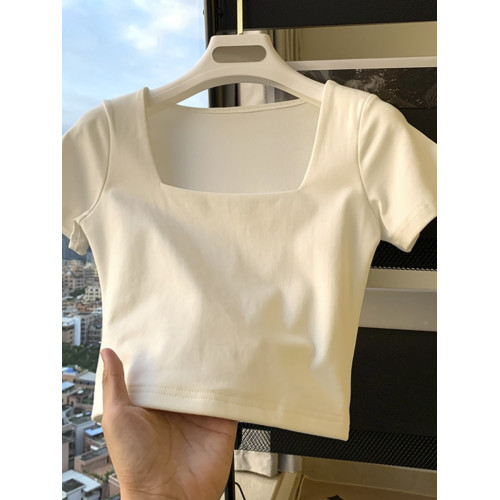 純棉短袖t恤女夏季方領緊身短款高腰小衆露臍高腰別致上衣打底衫