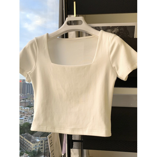 純棉短袖t恤女夏季方領緊身短款高腰小衆露臍高腰別致上衣打底衫