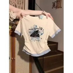 韓系穿搭兔子撞色假兩件短袖t恤女夏季甜美風褶皺收腰短款ing上衣