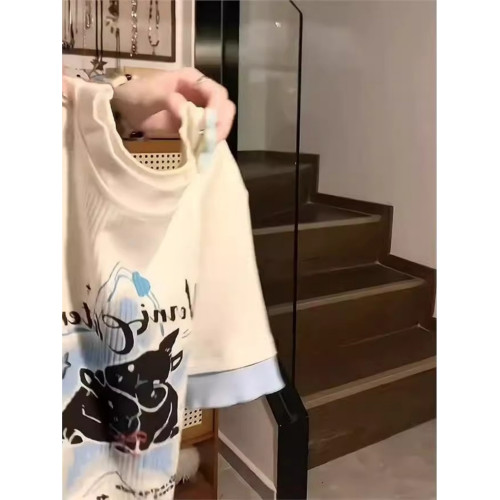 韓系穿搭兔子撞色假兩件短袖t恤女夏季甜美風褶皺收腰短款ing上衣