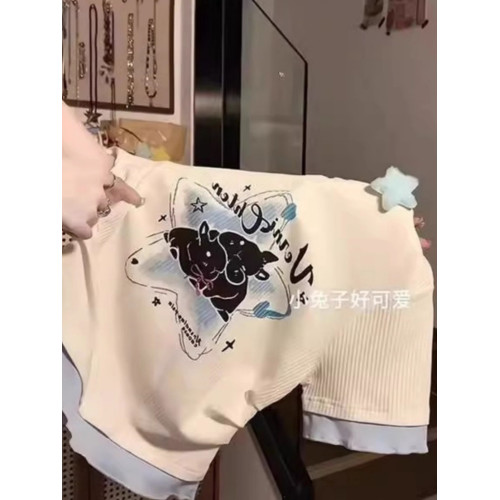 韓系穿搭兔子撞色假兩件短袖t恤女夏季甜美風褶皺收腰短款ing上衣