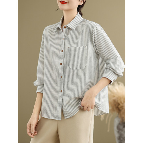 商場折釦~專櫃撤廻大碼春季純棉條紋襯衫女休閒寬鬆顯瘦長袖襯衣