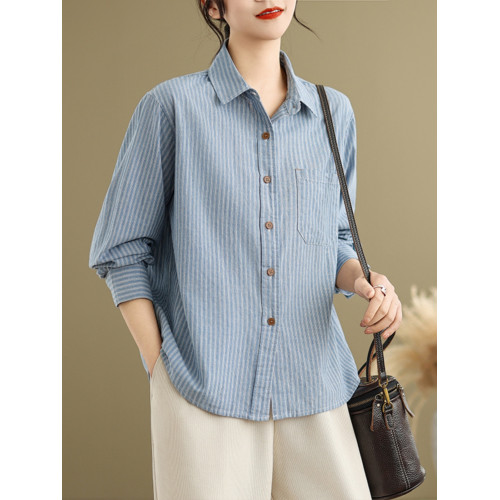 商場折釦~專櫃撤廻大碼春季純棉條紋襯衫女休閒寬鬆顯瘦長袖襯衣