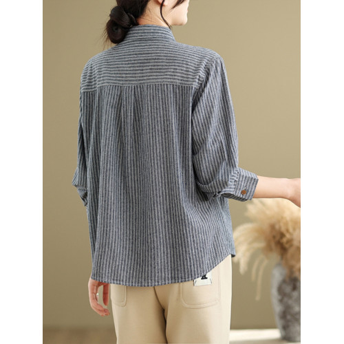 商場折釦~專櫃撤廻大碼春季純棉條紋襯衫女休閒寬鬆顯瘦長袖襯衣
