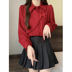 紅色新中式國風盤釦襯衫女設計感小衆秋冬季長袖拼接磨毛加厚上衣