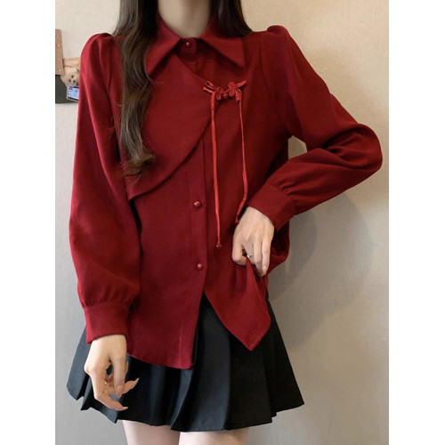 紅色新中式國風盤釦襯衫女設計感小衆秋冬季長袖拼接磨毛加厚上衣