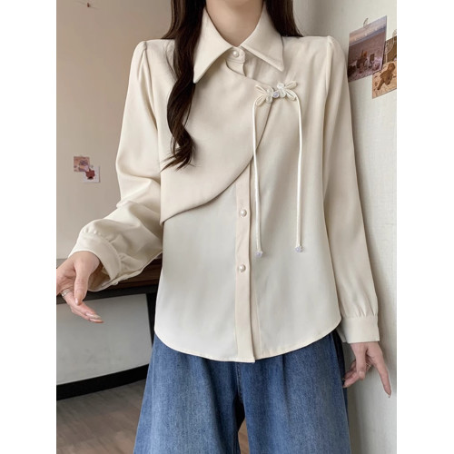 紅色新中式國風盤釦襯衫女設計感小衆秋冬季長袖拼接磨毛加厚上衣