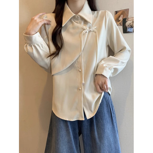 紅色新中式國風盤釦襯衫女設計感小衆秋冬季長袖拼接磨毛加厚上衣