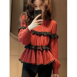 復古港風紅色褶皺荷葉邊襯衫女秋冬新款氣質優雅百搭收腰顯瘦上衣