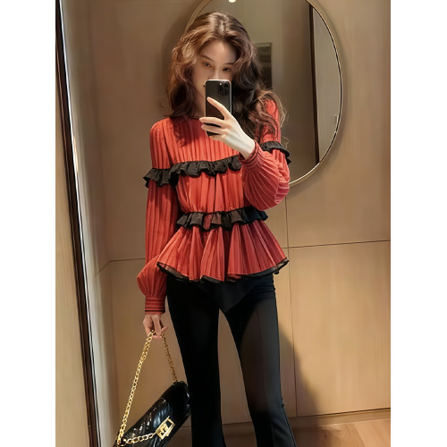 復古港風紅色褶皺荷葉邊襯衫女秋冬新款氣質優雅百搭收腰顯瘦上衣