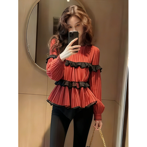 復古港風紅色褶皺荷葉邊襯衫女秋冬新款氣質優雅百搭收腰顯瘦上衣