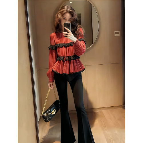 復古港風紅色褶皺荷葉邊襯衫女秋冬新款氣質優雅百搭收腰顯瘦上衣