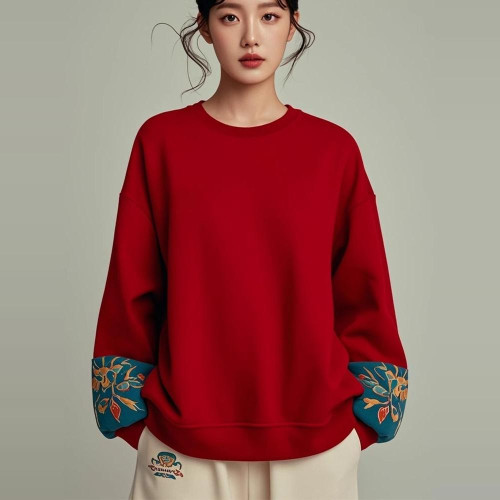 衛衣紅色女士秋冬拼色時尚長袖新中式國風寬鬆本命年聖誕新年上衣