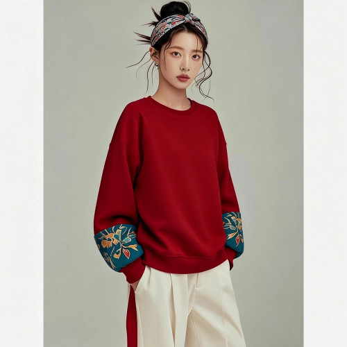 衛衣紅色女士秋冬拼色時尚長袖新中式國風寬鬆本命年聖誕新年上衣