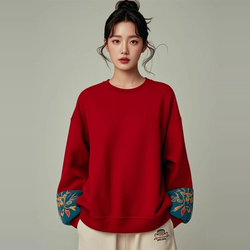 衛衣紅色女士秋冬拼色時尚長袖新中式國風寬鬆本命年聖誕新年上衣