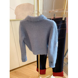 大牌專櫃撤廻藍色提花娃娃領針織開衫女冬季新款百搭軟糯毛衣