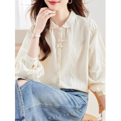 寬鬆國風新中式綉花杏色襯衫遮肉顯瘦盤釦漂亮小衫2025年秋季新款