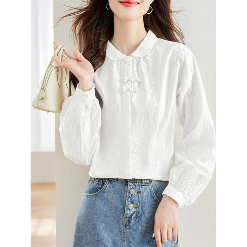 寬鬆國風新中式綉花杏色襯衫遮肉顯瘦盤釦漂亮小衫2025年秋季新款