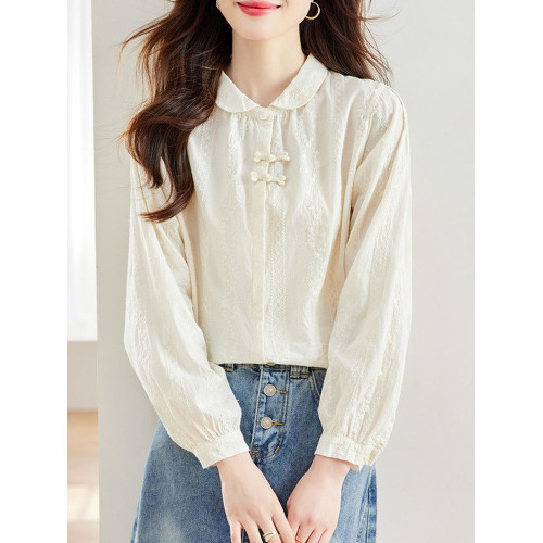 寬鬆國風新中式綉花杏色襯衫遮肉顯瘦盤釦漂亮小衫2025年秋季新款